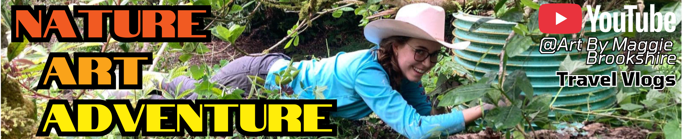 Person lying on the ground with plants, surrounded by 'Nature Art Adventure' text and YouTube branding.